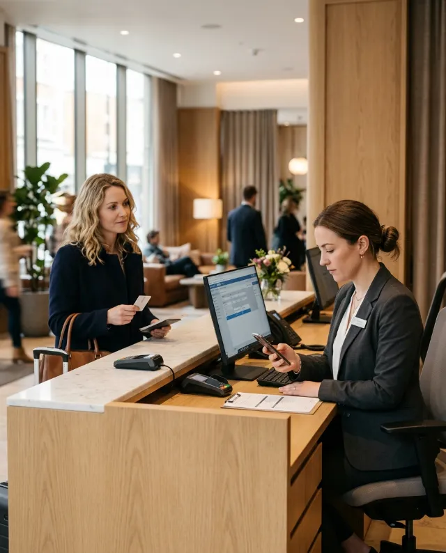 Una recepcionista de hotel consultando el móvil mientras atiende a un cliente