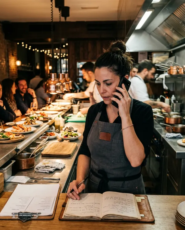 La responsable de un restaurante anotando una reserva en el móvil