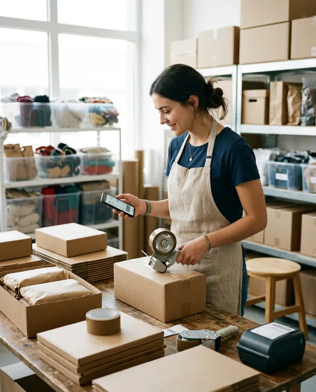 Una trabajadora de ecommerce preparando pedidos y comprobando el móvil