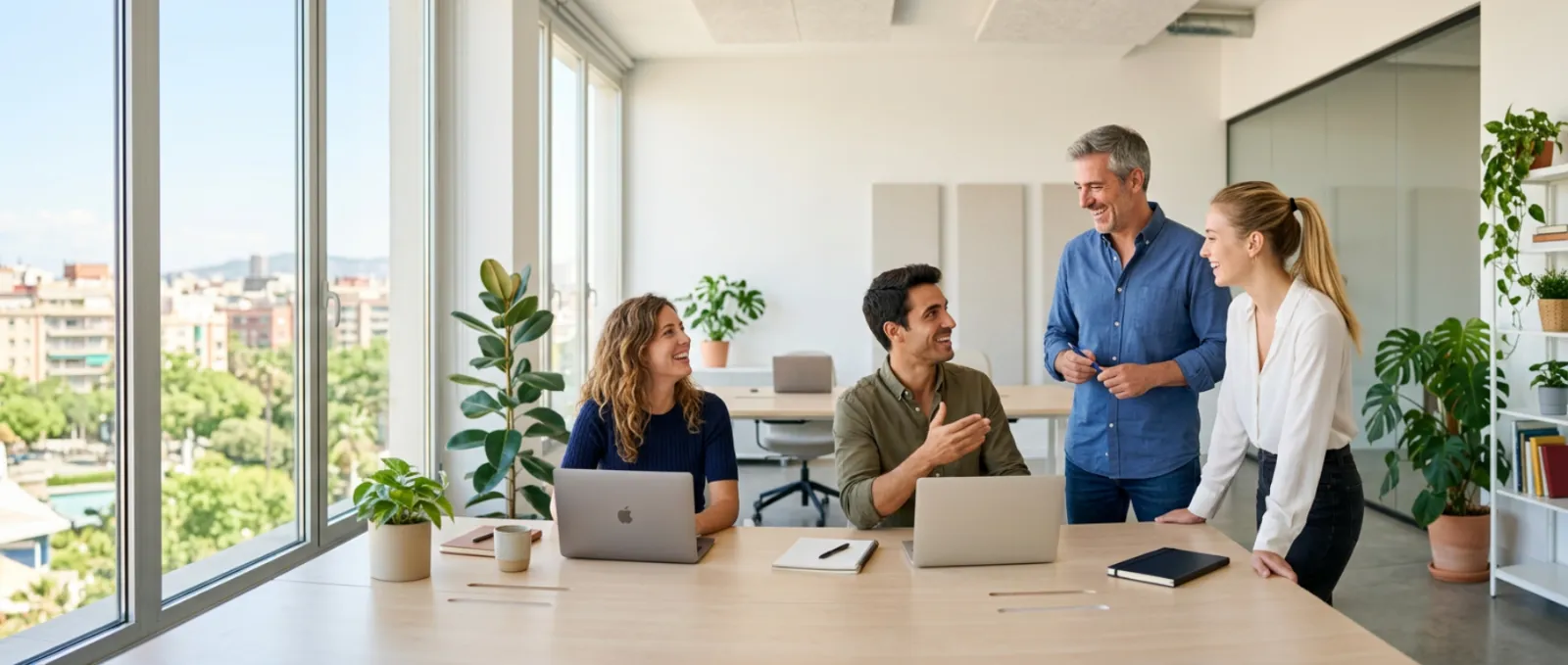 Un equipo trabajando y conversando alrededor de una mesa compartida en una oficina luminosa