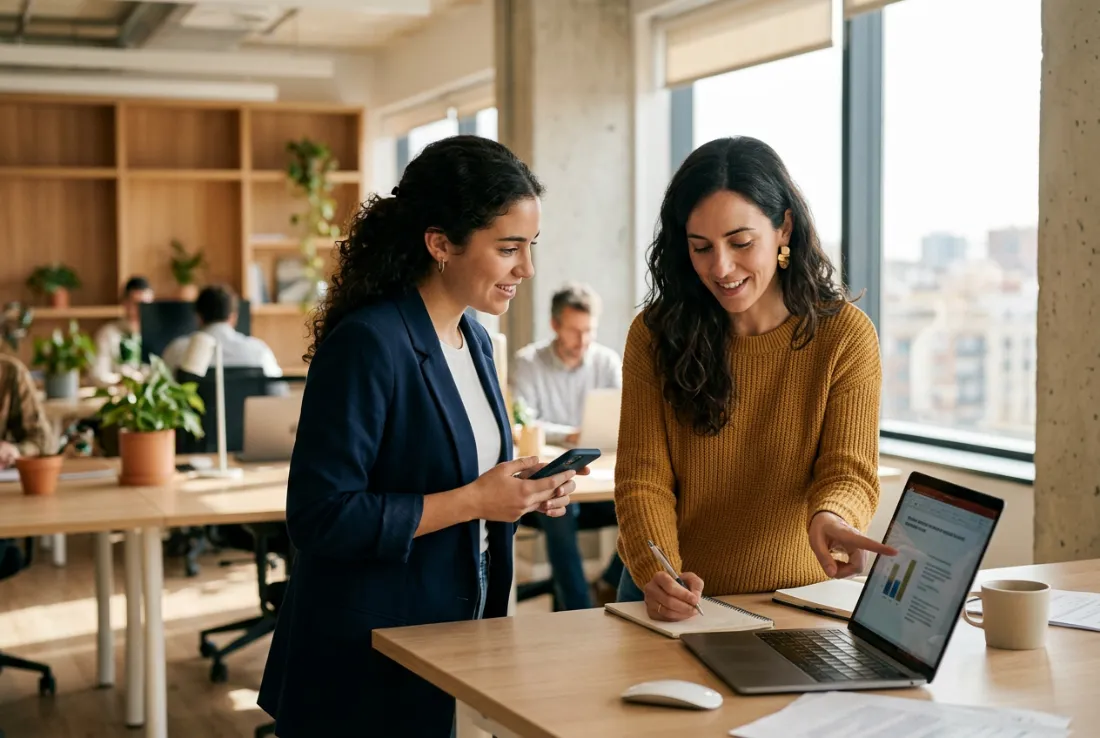 Dos compañeras de oficina revisando juntas una conversación en el portátil y el móvil