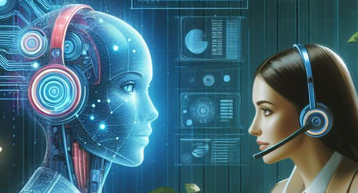 Una mujer asistente, frente a un asistente virtual