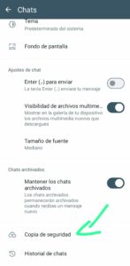 Pantalla de WhatsApp Business copia de seguridad